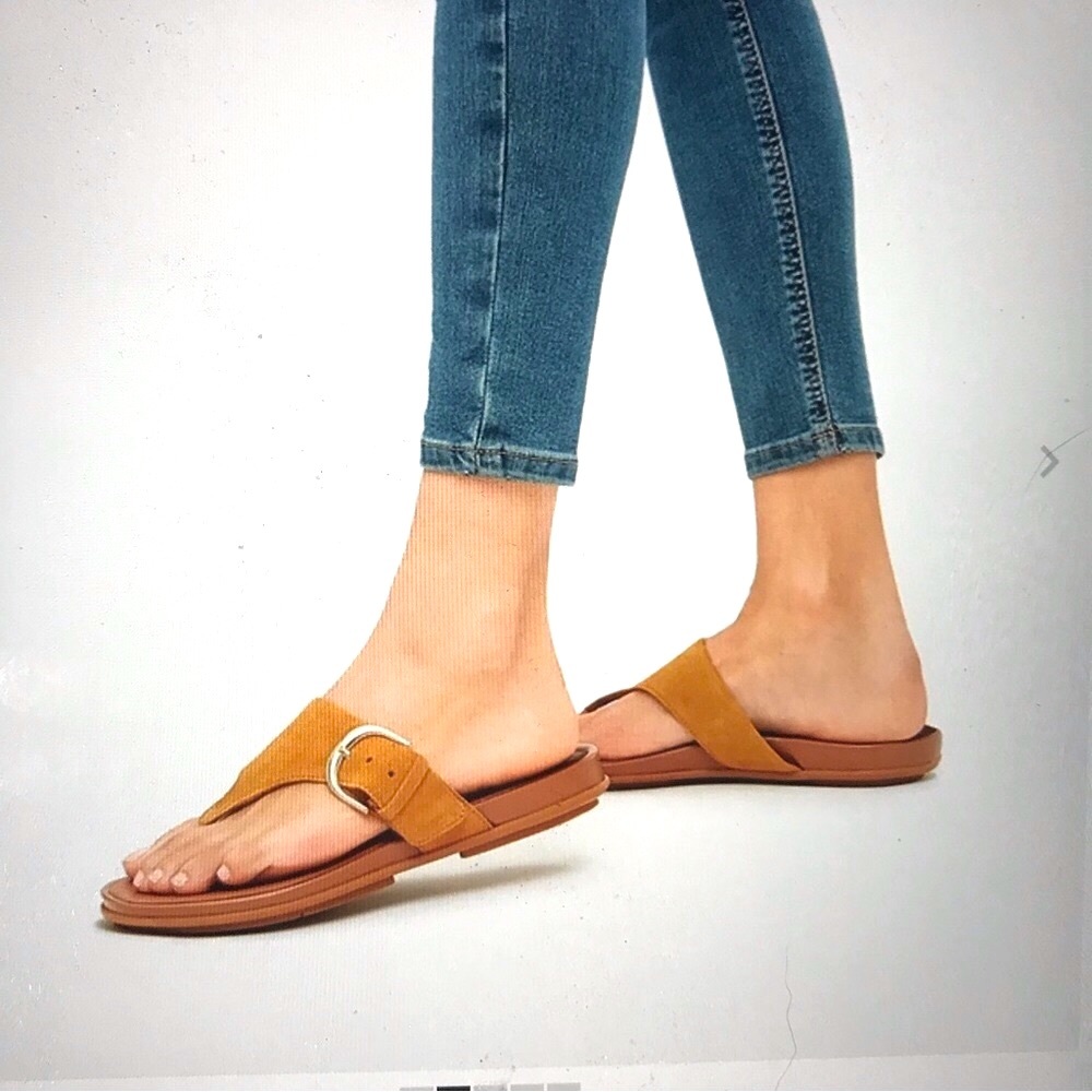 Sz 5 Fitflop Gracie Suede/Leather Toe Post Sandals w/ Buckle/Honey Yellow